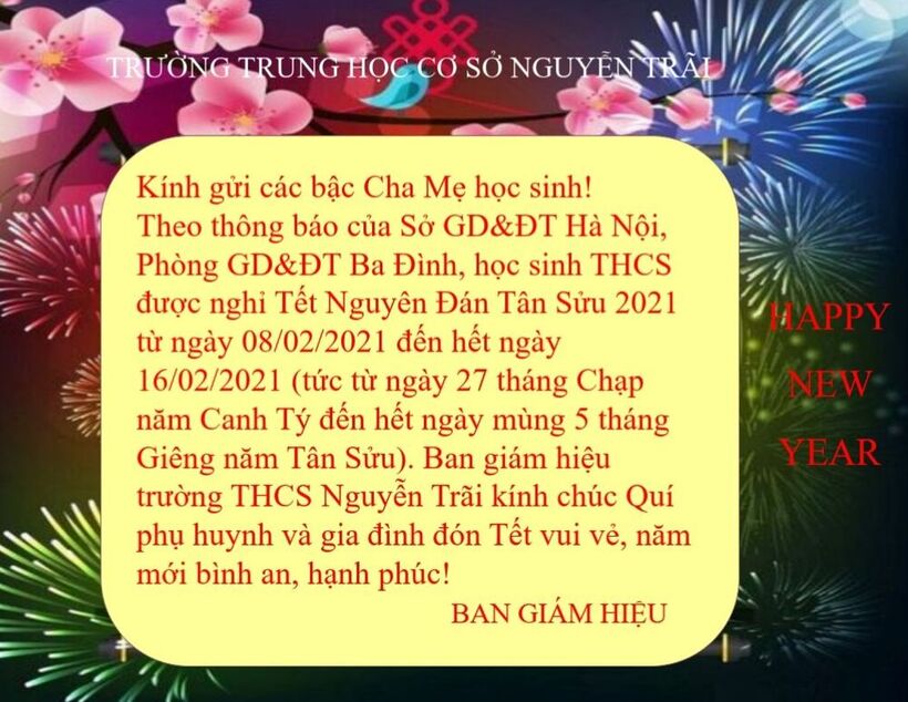 Trường THCS Nguyễn Trãi thông báo lịch nghỉ Tết Nguyên Đán Tân Sửu năm 2021