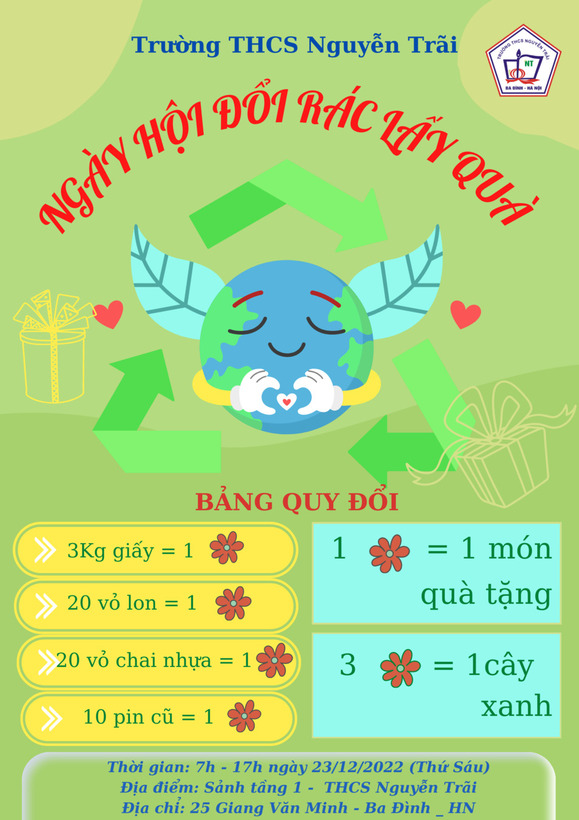 Ban phụ trách Liên đội phối hợp với CLB Sao Xanh của trường đã phát động "Ngày hội đổi rác tái chế lấy quà"