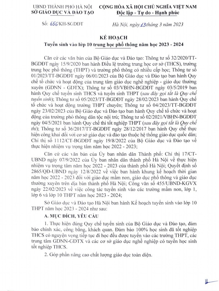 Kê hoạch Tuyển sinh vào lớp 10 trung học phổ thông năm học 2023 - 2024