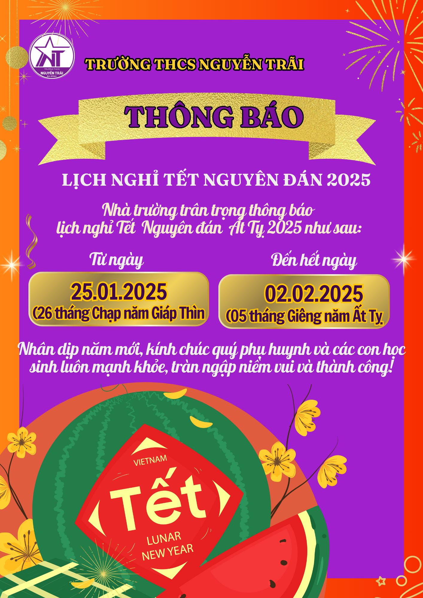Trường THCS Nguyễn Trãi (Ba Đình) thông báo lịch nghỉ Tết Nguyên đán 2025