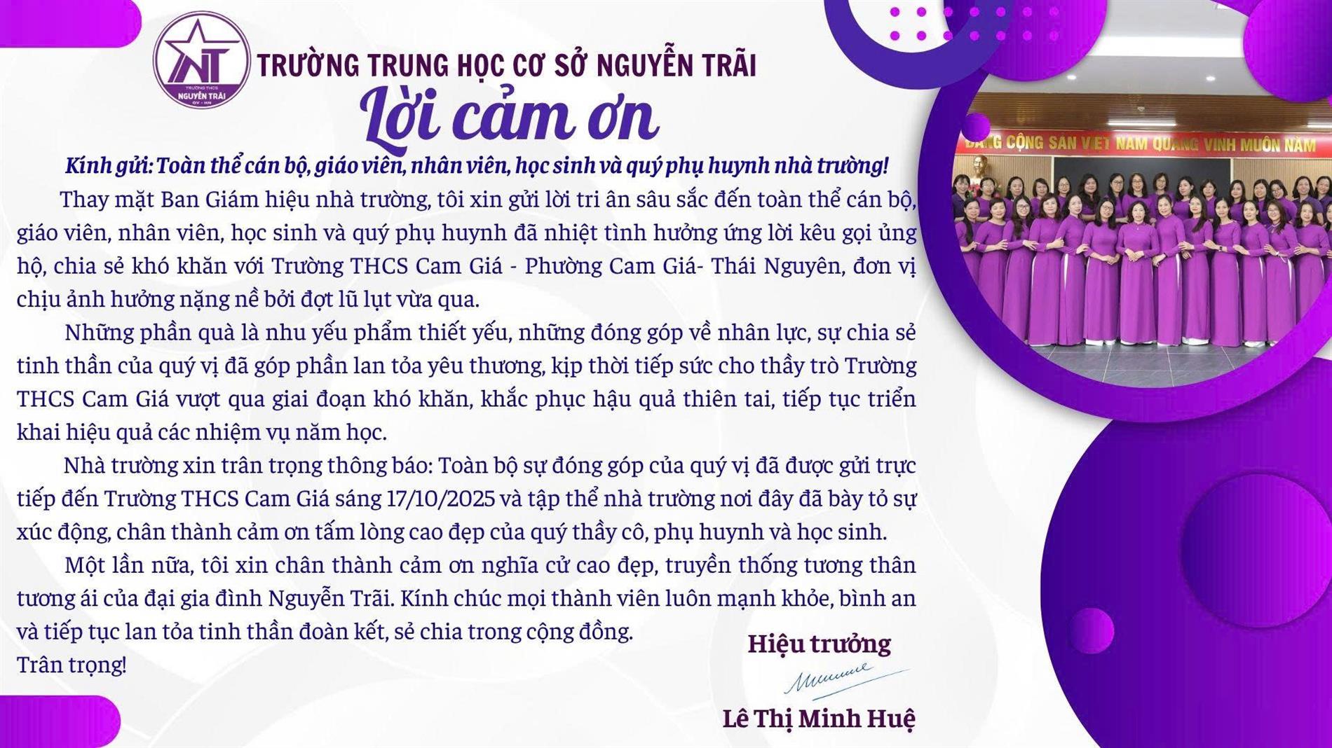 Trường THCS Nguyễn Trãi gửi lời tri ân sâu sắc đến toàn thể cán bộ, giáo viên, nhân viên, học sinh và quý phụ huynh nhà trường