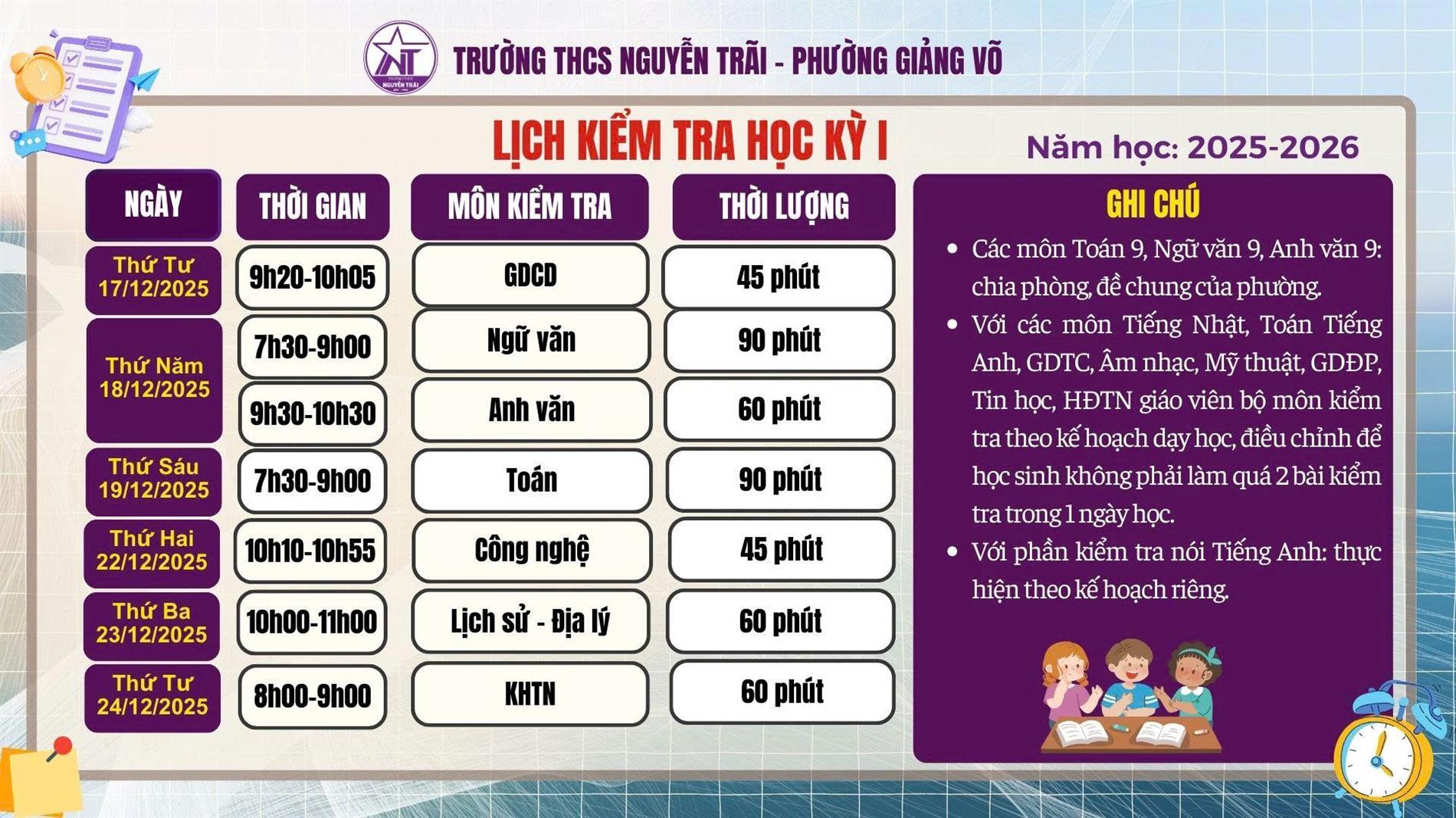 Thông báo lịch kiểm tra học kỳ I