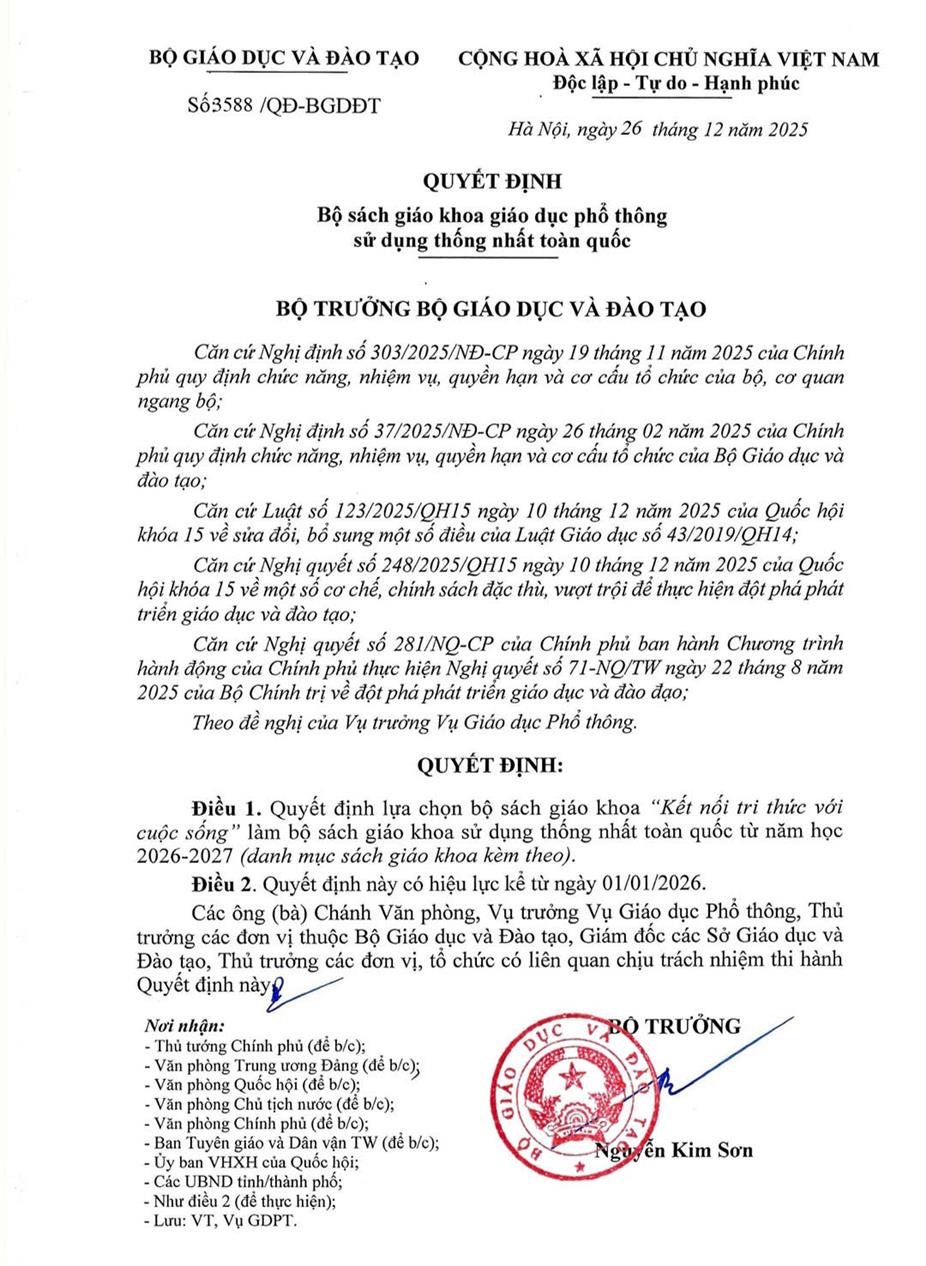 Thông báo về việc sử dụng Sách giáo khoa năm học 2026-2027