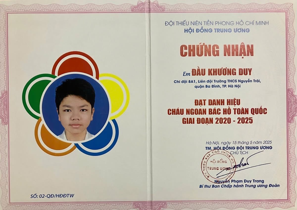 Ngôi sao sáng trường THCS Nguyễn Trãi: Học sinh Đầu Khương Duy rạng ngời danh hiệu Cháu Ngoan Bác Hồ Toàn Quốc giai đoạn 2020-2025