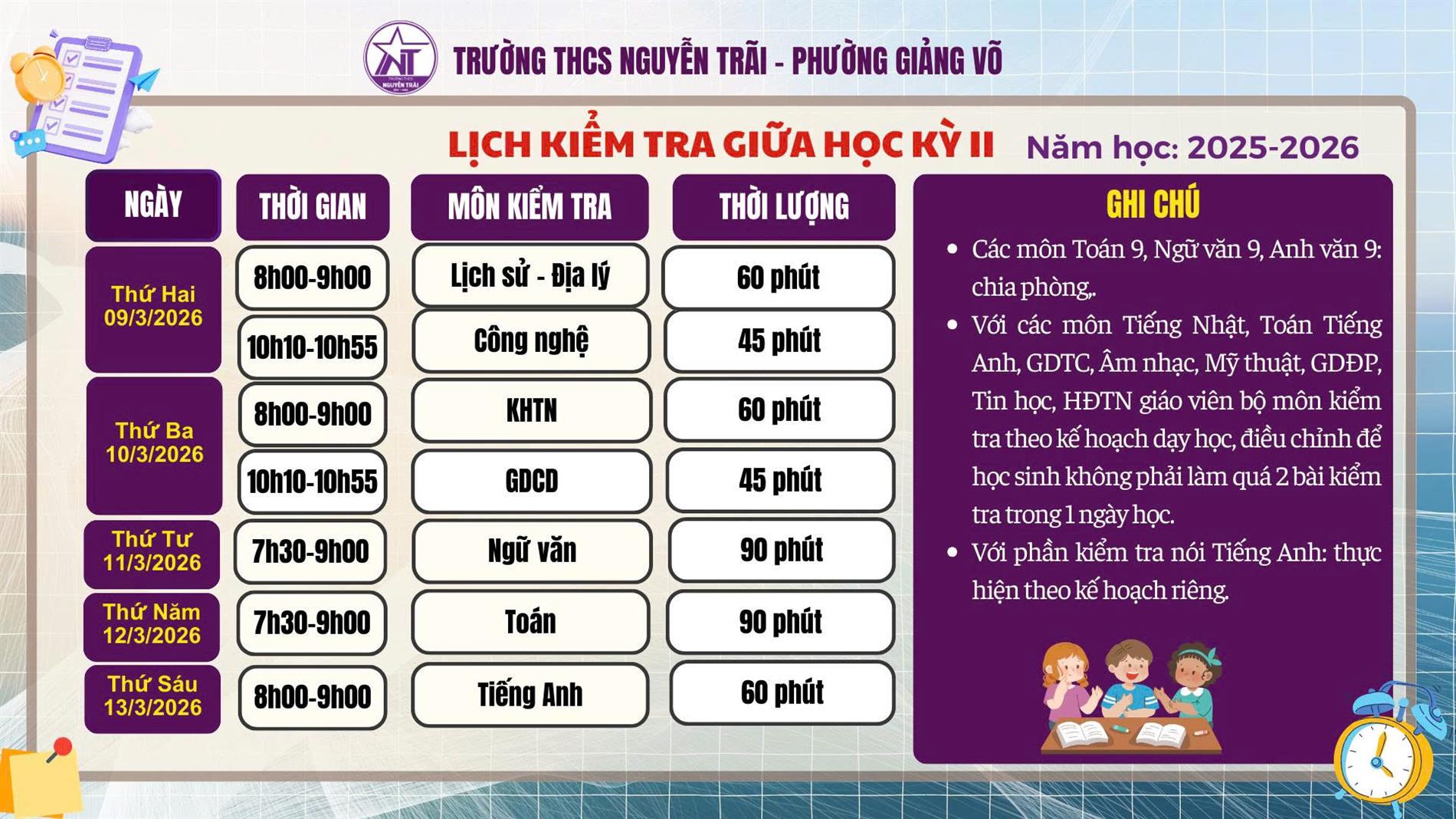 Trường THCS Nguyễn Trãi thông báo lịch kiểm tra giữa học kỳ II năm học 2025-2026