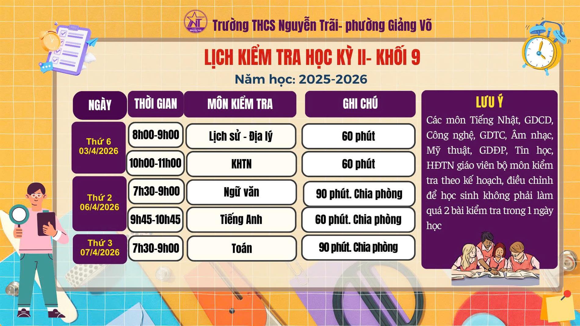 Thông báo lịch kiểm tra học kỳ II khối 9 năm học 2025-2026