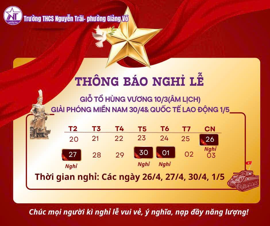 Trường THCS Nguyễn Trãi thông báo Lịch nghỉ lễ