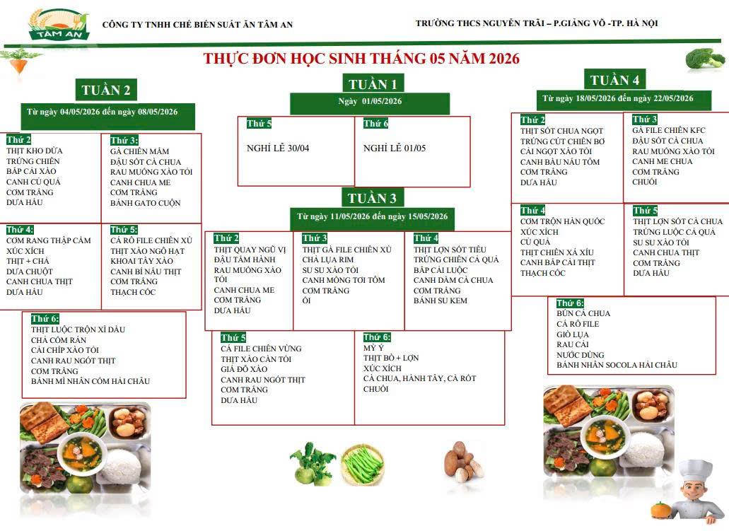 Thông báo thực đơn học sinh bán trú tháng 5